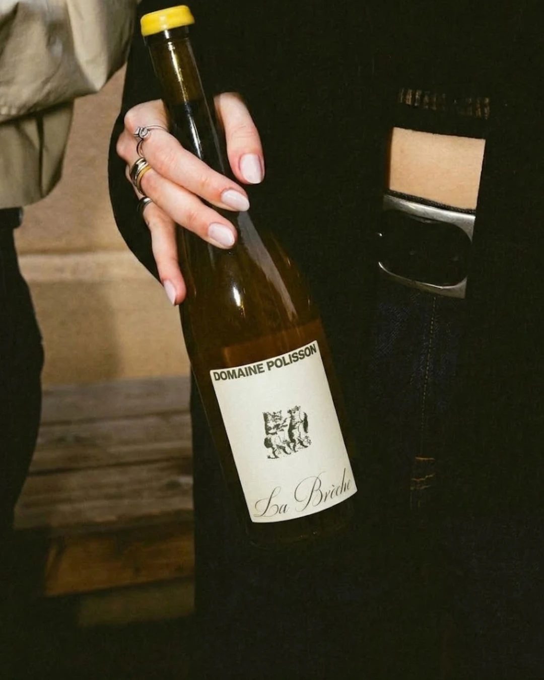 Une main tenant une bouteille de Domaine Polisson La Brèche